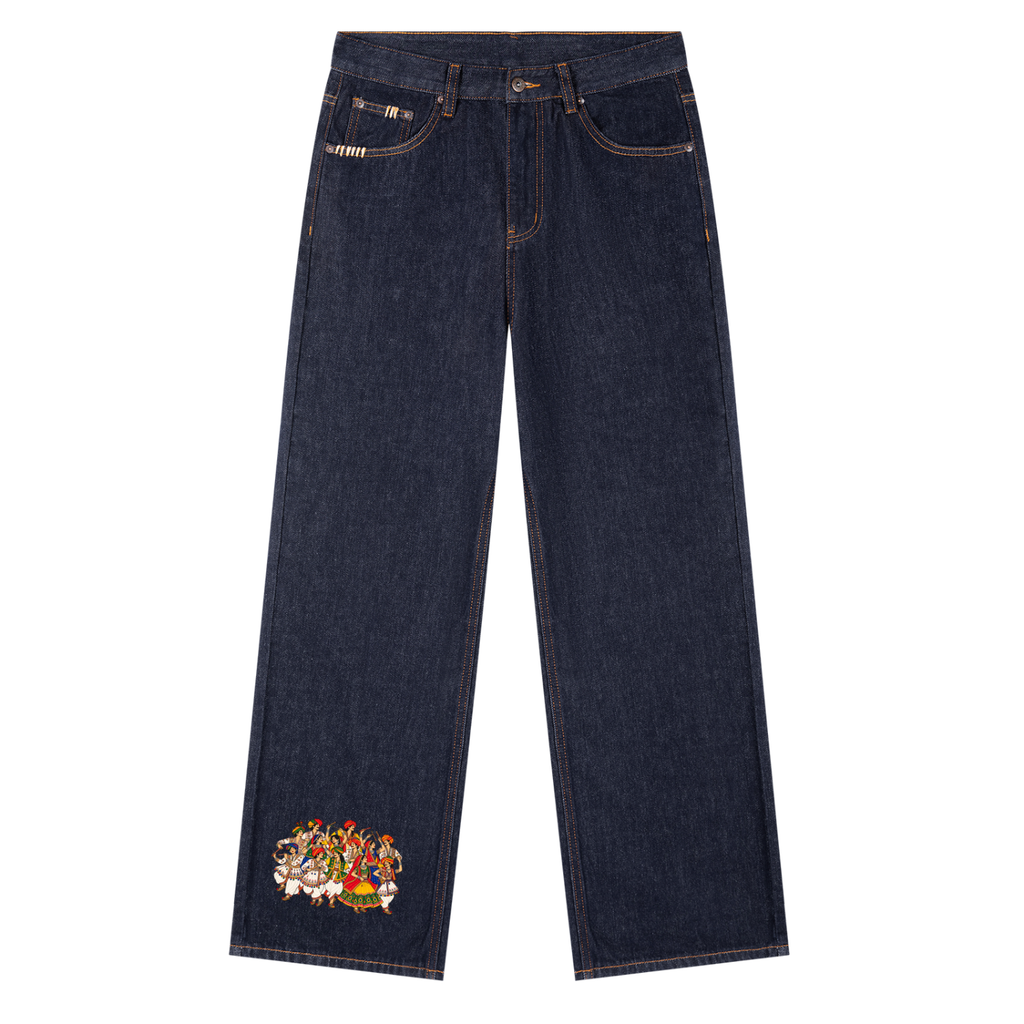 Raas & Rhythm straight-leg jeans in dark indigo, front, with a colourful group of Gujarati folk dancers printed near the left hem and orange contrast stitching