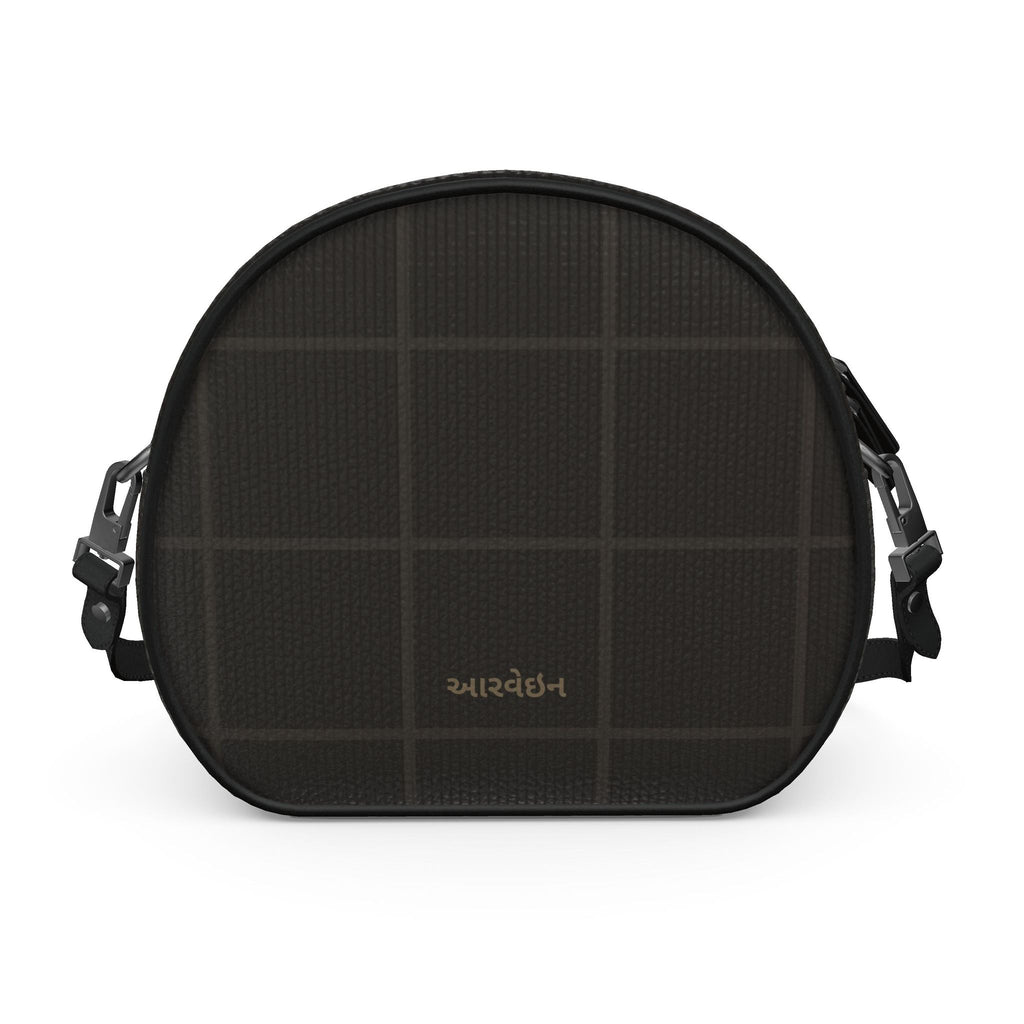 Round box bag, straight-on front view with the small Aarvein wordmark