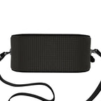 Round box bag, side view showing the depth and strap fittings