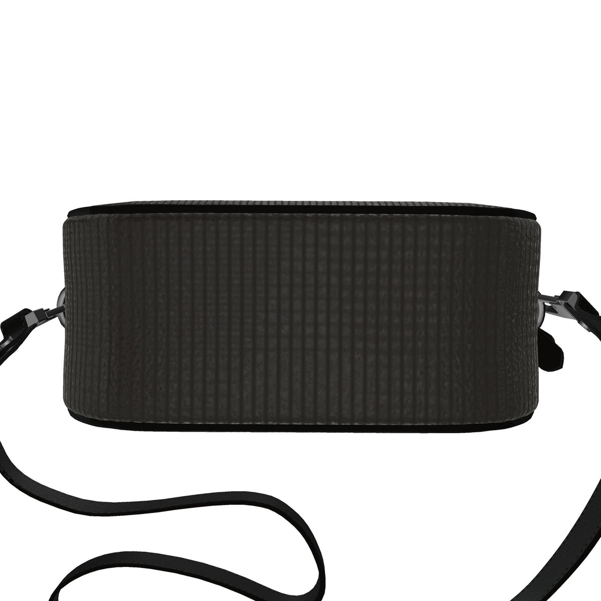 Round box bag, side view showing the depth and strap fittings