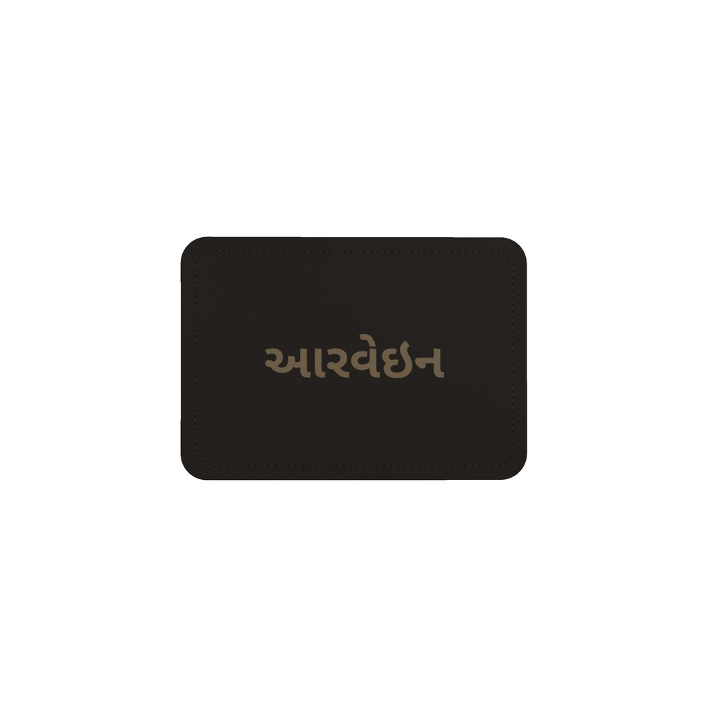 Leather label on the grid tote with the Aarvein wordmark in Gujarati, આરવેઇન