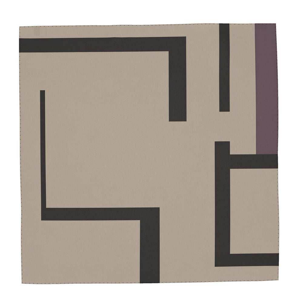 Peacock in Disguise grid silk scarf, laid flat: taupe silk with bold charcoal grid lines and a plum accent