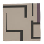 Peacock in Disguise grid silk scarf, laid flat: taupe silk with bold charcoal grid lines and a plum accent