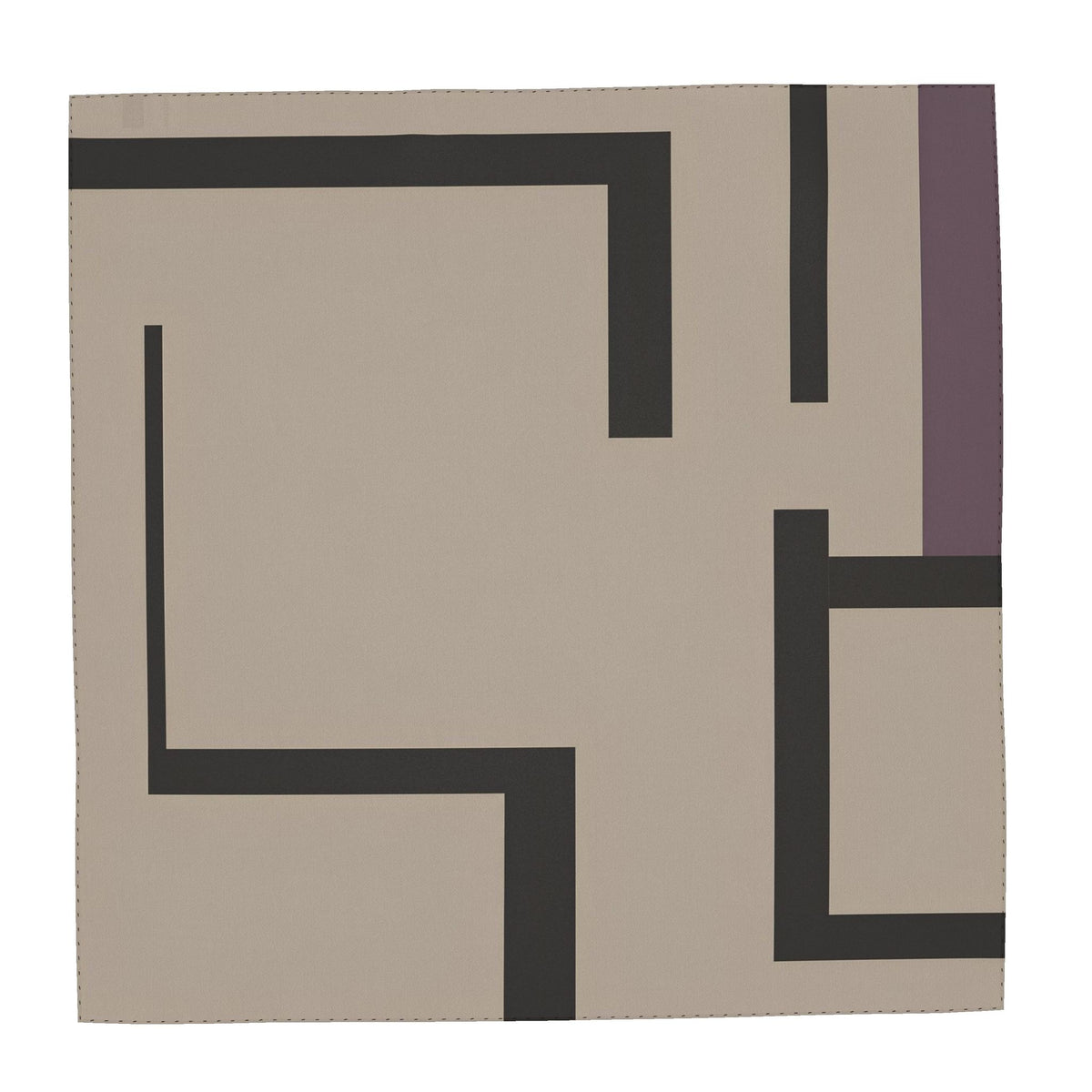 Peacock in Disguise grid silk scarf, laid flat: taupe silk with bold charcoal grid lines and a plum accent