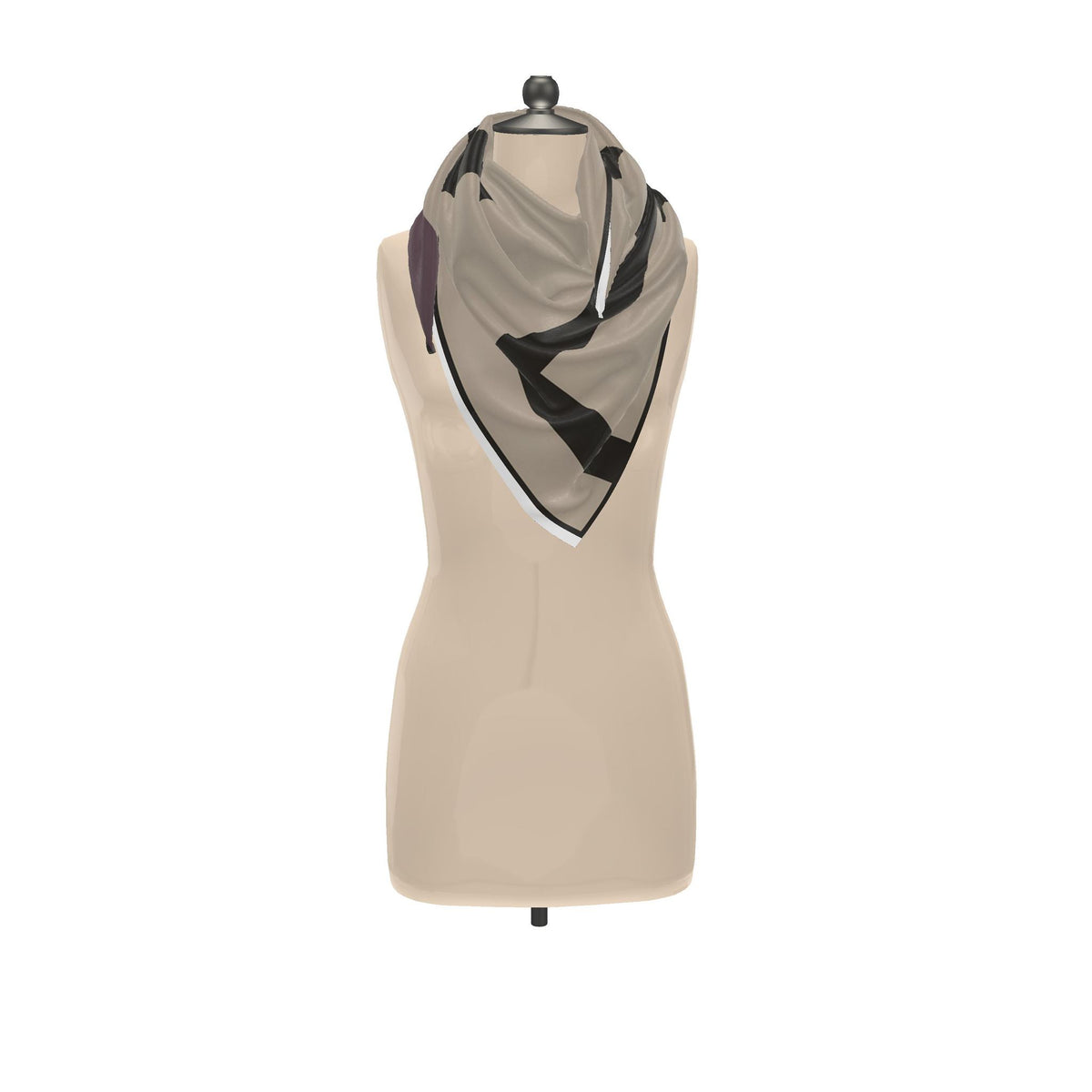 Grid silk scarf tied loosely around the neck of a dress form