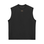 Aadya boxy tank in black, front with a small embroidered Mor