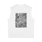 Back of the white Aadya boxy tank with a black-and-white ornamental print panel