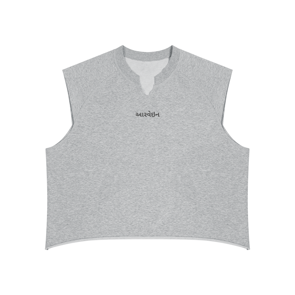 Peacock in Disguise boxy raw-hem tank in heather grey, front, with a small notched neckline and tiny Aarvein wordmark