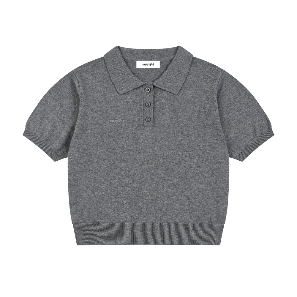 Peacock in Disguise grid knit polo in heather grey, front, cropped and boxy with a half-button collar and ribbed hem