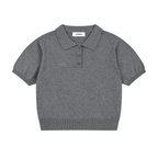 Peacock in Disguise grid knit polo in heather grey, front, cropped and boxy with a half-button collar and ribbed hem