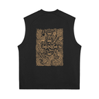 Back of the black Aadya boxy tank with a gold ornamental print panel