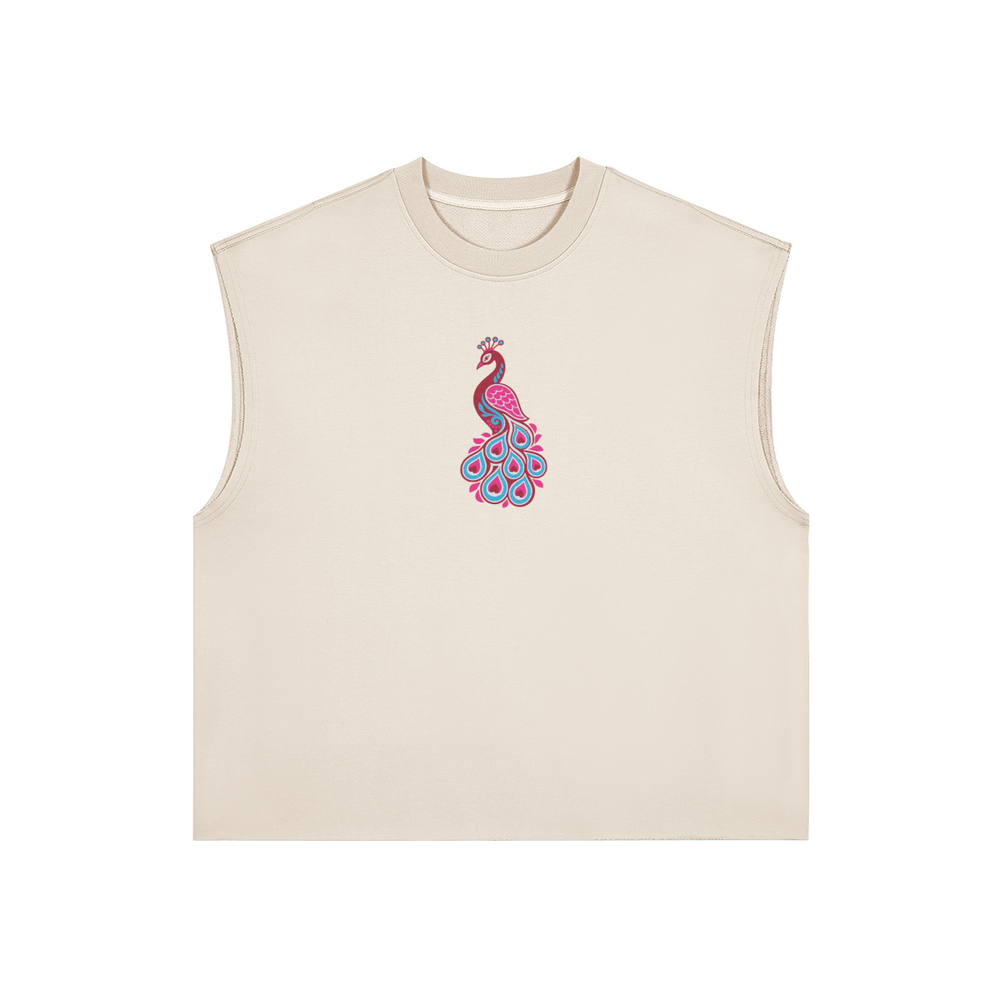 Trans Is Beautiful embroidered Mor boxy tank in cream, front with a Mor in trans flag colours