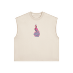 Trans Is Beautiful embroidered Mor boxy tank in cream, front with a Mor in trans flag colours