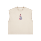 Trans Is Beautiful printed Mor boxy tank in cream, front with a printed Mor in trans flag colours