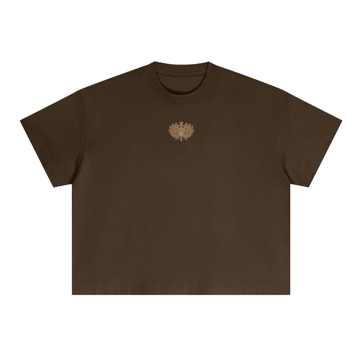 Embroidered Mor boxy tee in brown, front, with a small gold embroidered peacock emblem on the chest